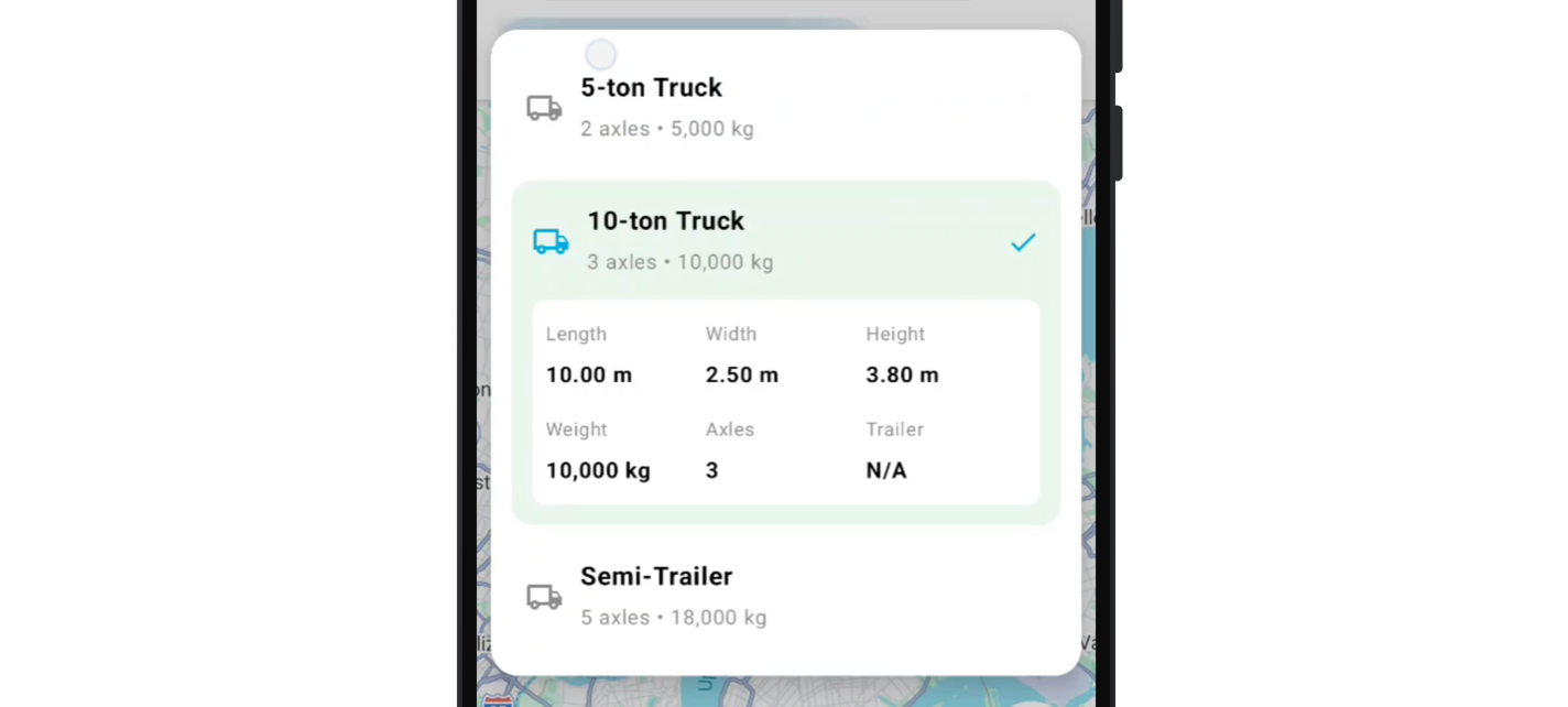 Vehicle type picker showing truck dimensions