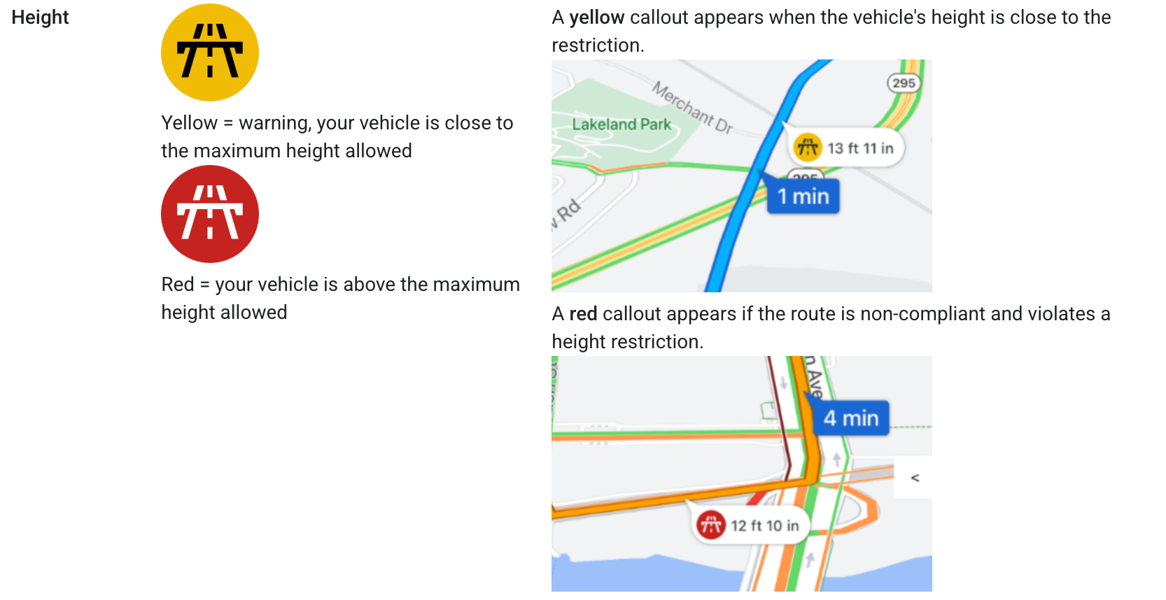 Route callouts highlighting Large Vehicle Routing features on the selected route