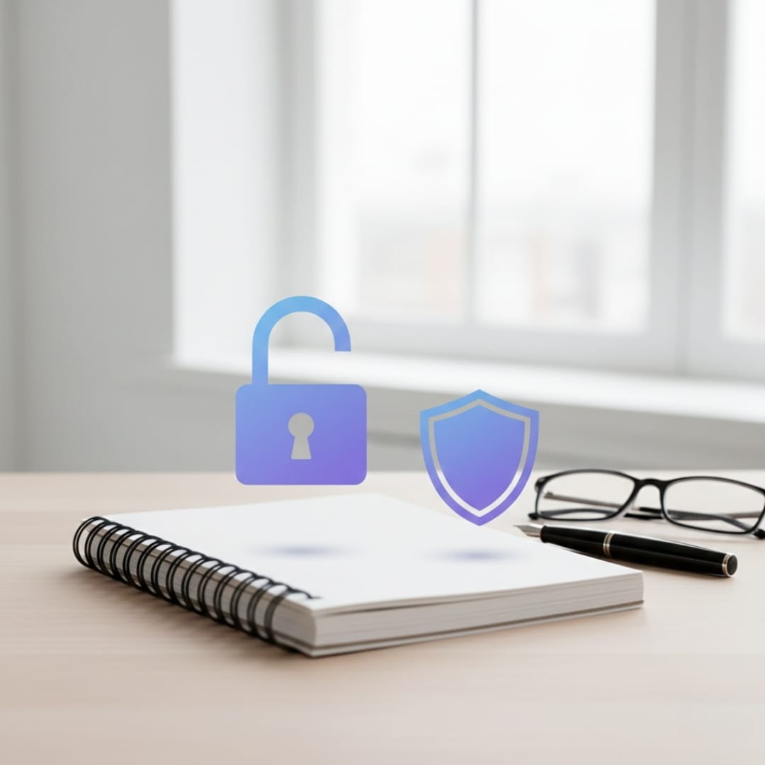 Security and lock icons above a notebook