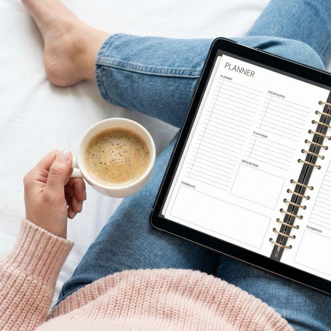 A person relaxes with a cup of coffee, a neat digital planner on a tablet nearby.