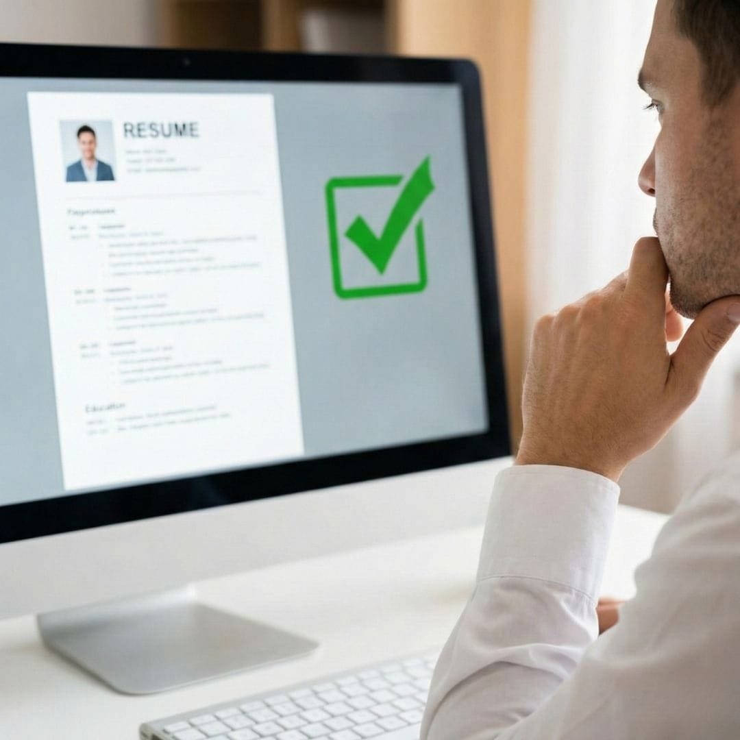 A close-up of a person analyzing a resume on a computer screen, with a green 'approved' checkmark graphic visible.
