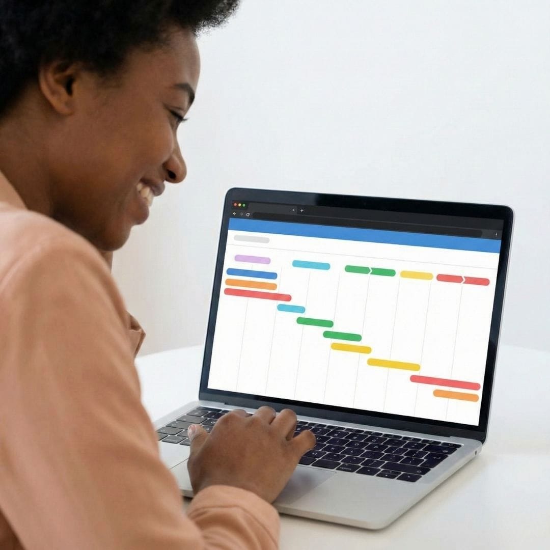 A smiling person looks at a laptop displaying a colorful, organized job search timeline with progress stages.