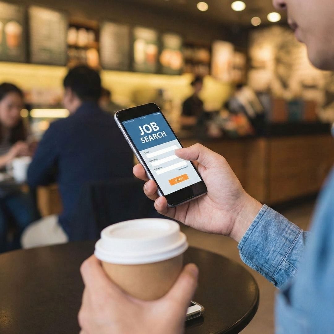 A person casually checks a job search application on a smartphone while holding a coffee cup in a bustling cafe.