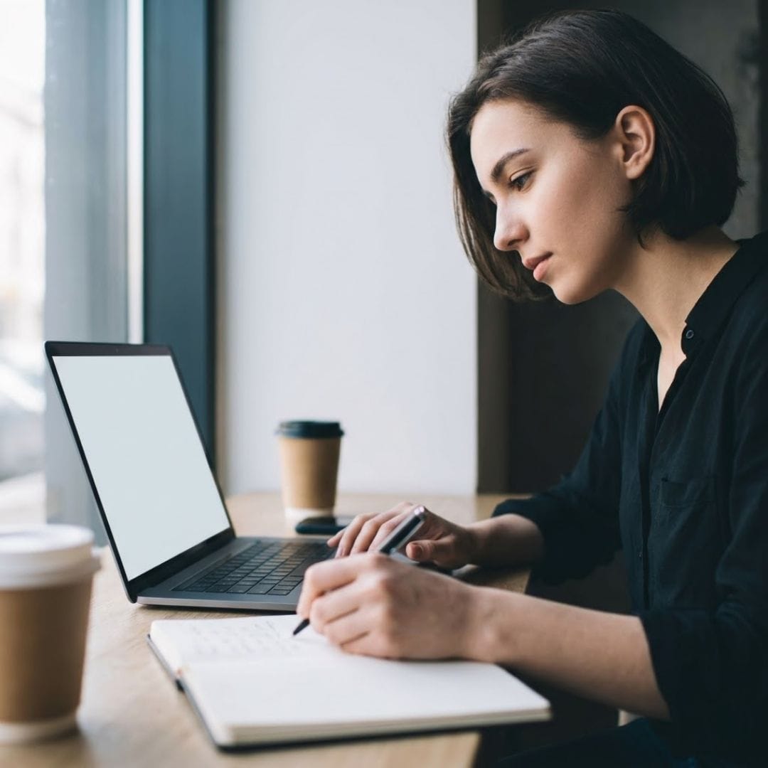 A focused individual using a laptop and taking notes while working remotely in a modern café setting.