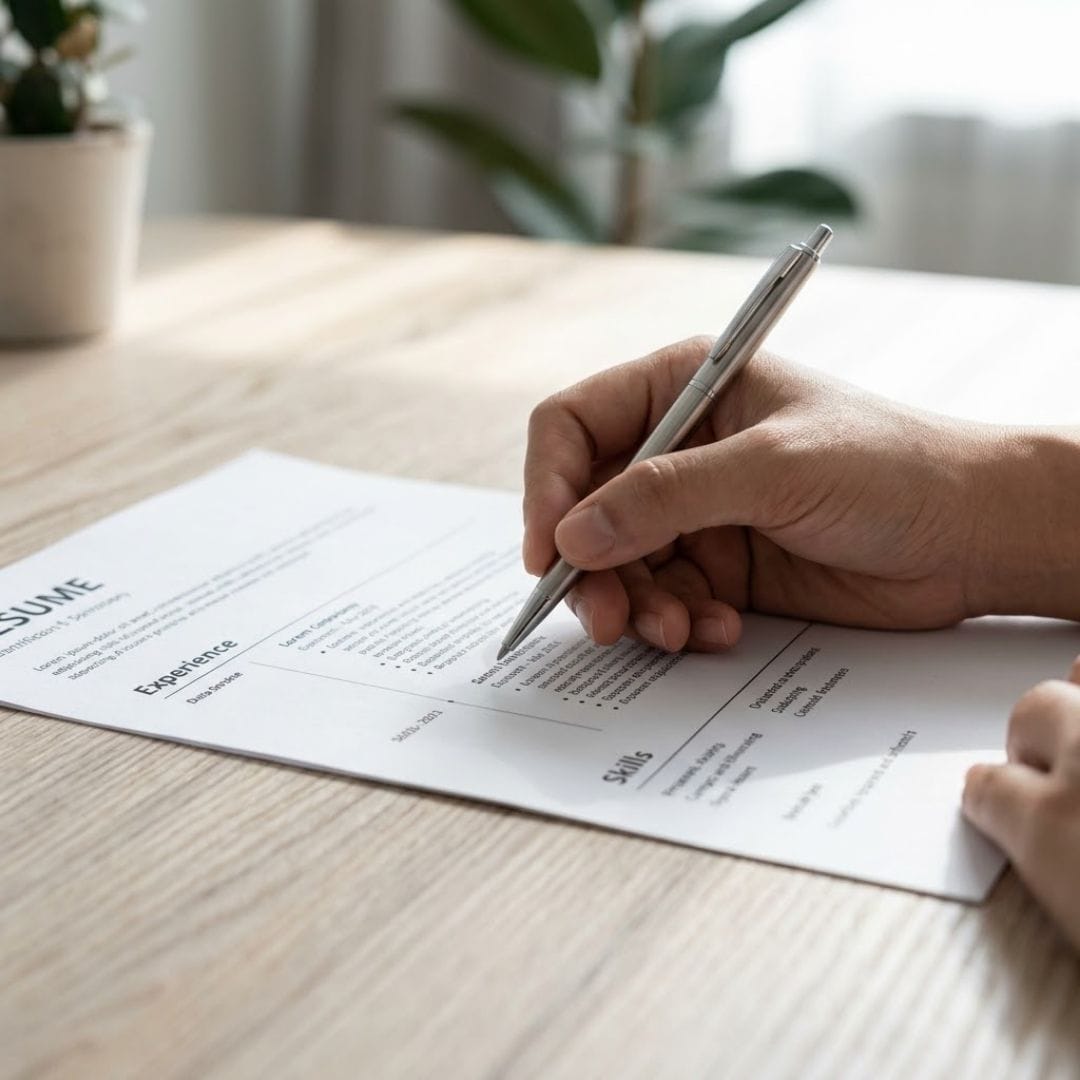 A candid closeup of a person’s hand editing a resume with a pen on a wooden desk.
