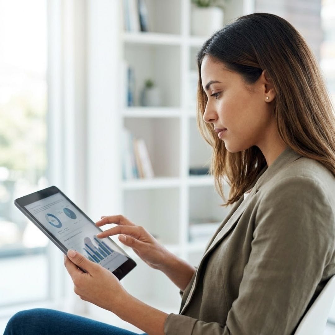 A portrait of a focused woman analyzing application data charts on her tablet in a sunlit home office.