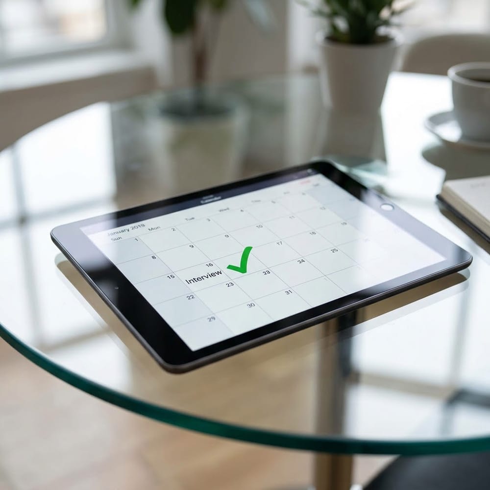 Tablet displaying a calendar with a scheduled job interview marked by a green checkmark, illustrating the importance of tracking interview dates and deadlines.