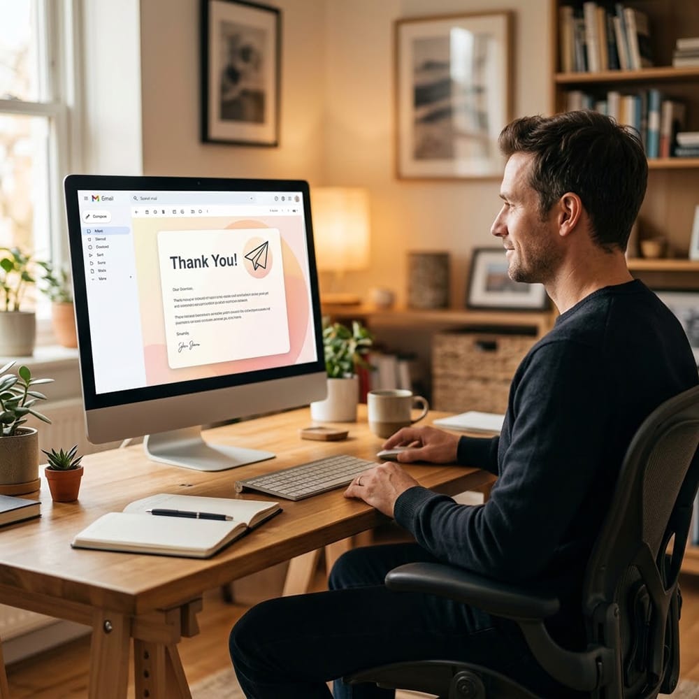 Man at a home office desk viewing a thank-you email on his computer, illustrating the importance of timely post-interview follow-ups during a job search.