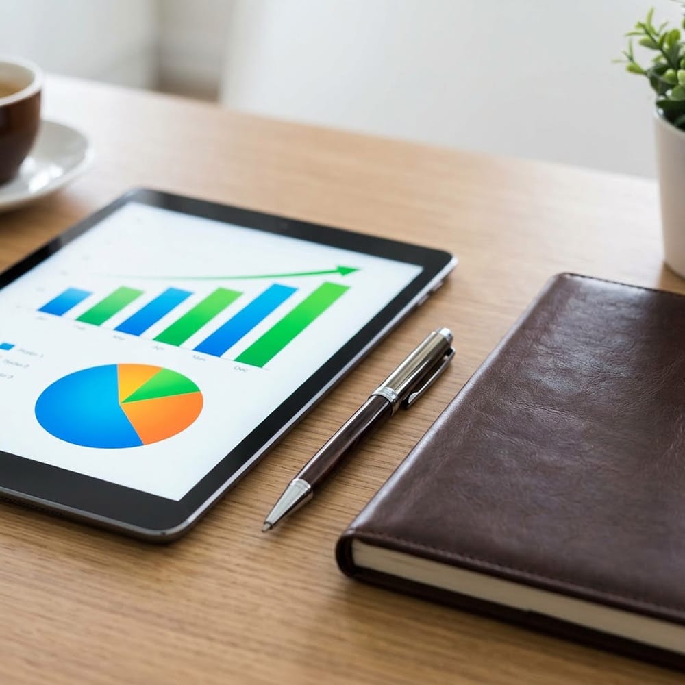 Tablet displaying colorful bar and pie charts with an upward trend arrow, illustrating how tracking job search performance can reveal patterns and opportunities for improvement.