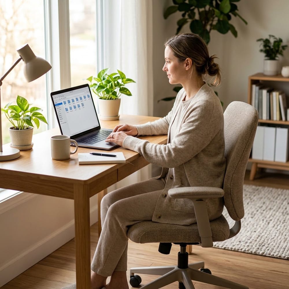 Woman working on a laptop at a bright home office desk, illustrating how organized job tracking can reduce stress and bring clarity to the job search process.