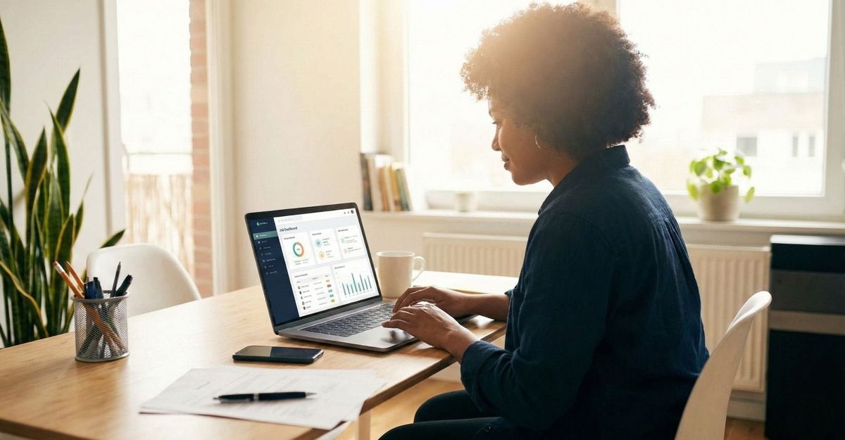 A confident person uses a laptop in a sunlit home office, a digital job dashboard visible on screen.