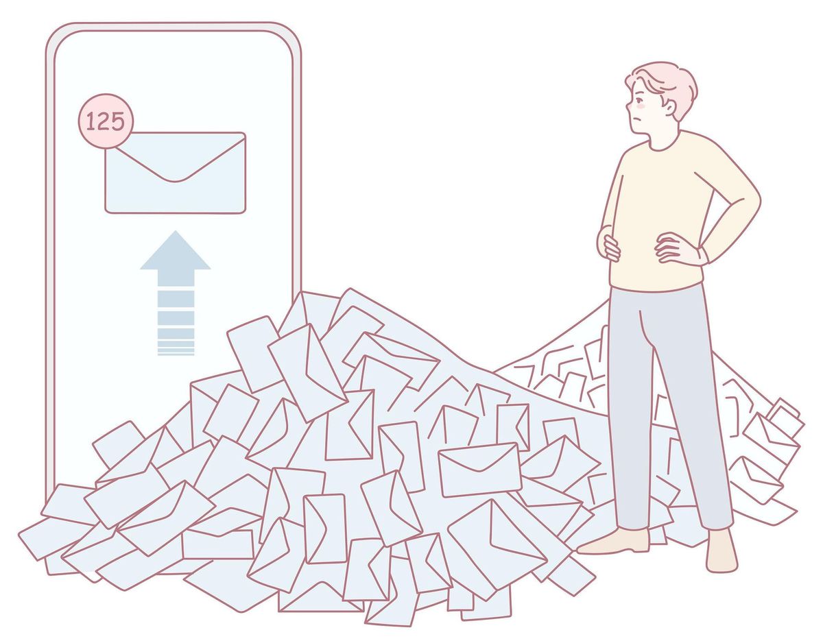 Illustration of a job seeker overwhelmed by a large number of job application messages and notifications