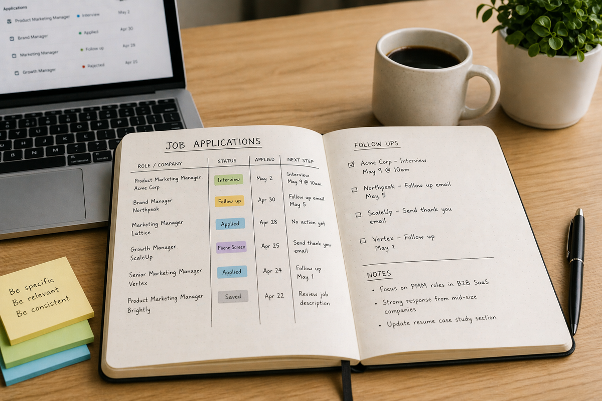 Organized notebook tracking job applications with statuses, follow-ups, and next steps on a clean desk workspace