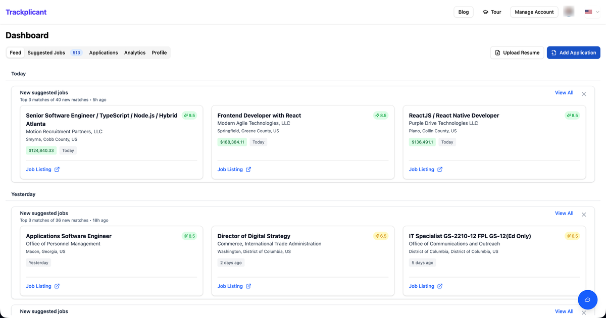 Trackplicant dashboard showing suggested jobs, application tracking, and job search activity feed