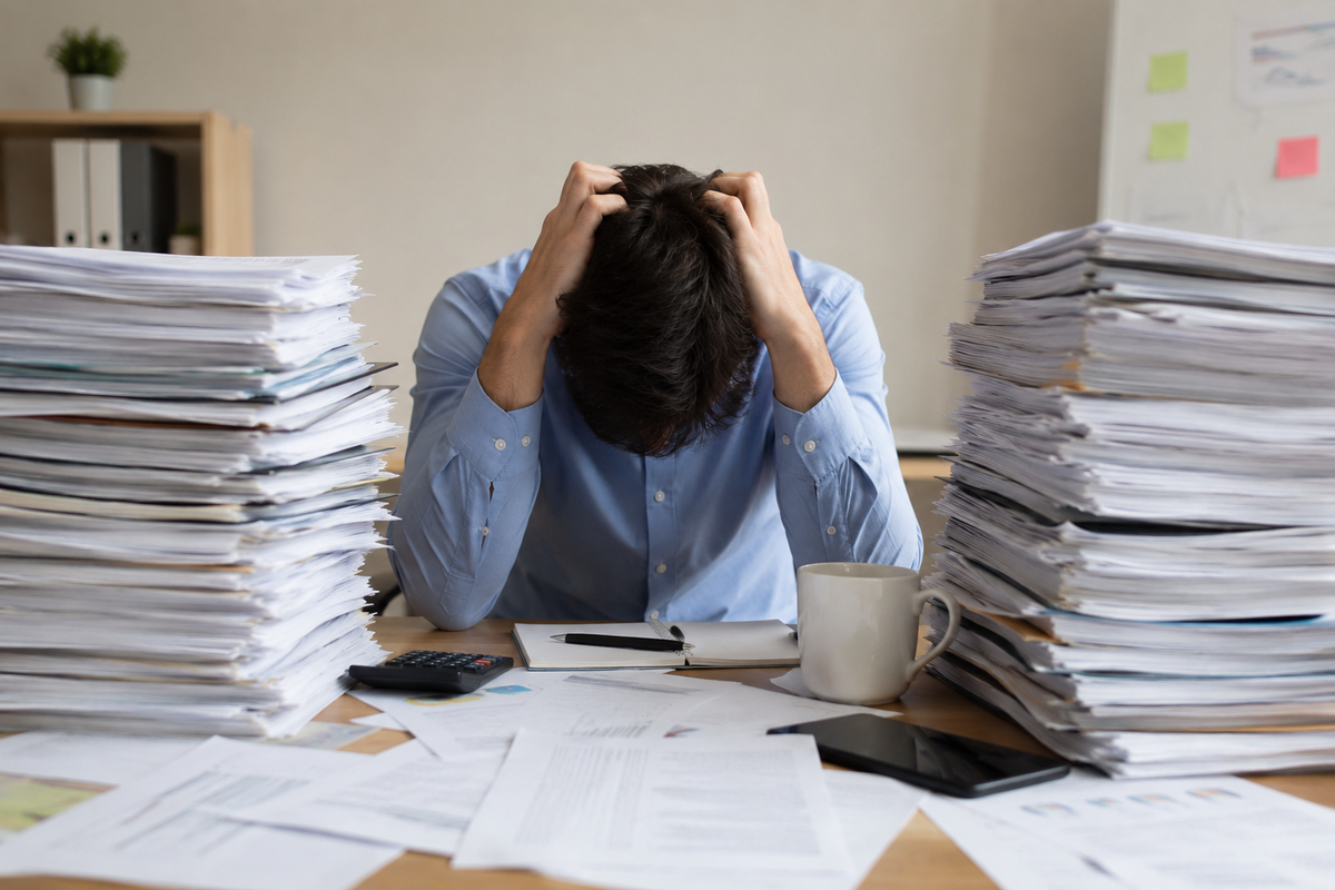 Overwhelmed professional sitting at a desk surrounded by large stacks of paperwork, representing excessive job applications and lack of focus