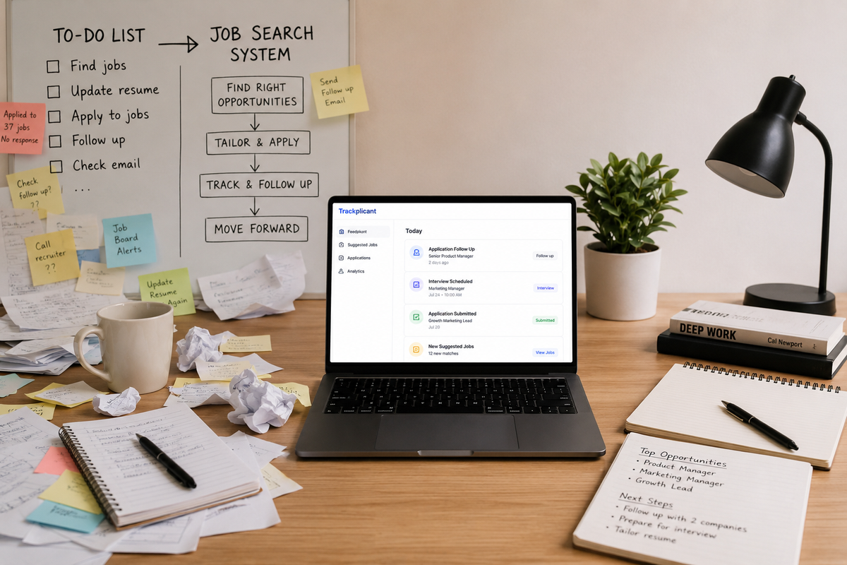 Split workspace showing a messy job search to-do list on one side and an organized job search system with a laptop dashboard on the other