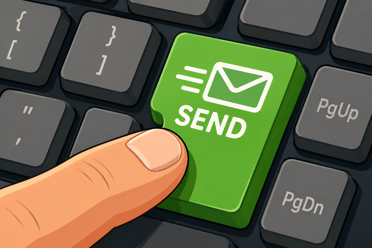 Cartoon-style illustration of a finger pressing a green “send” button on a keyboard, representing sending a follow-up message