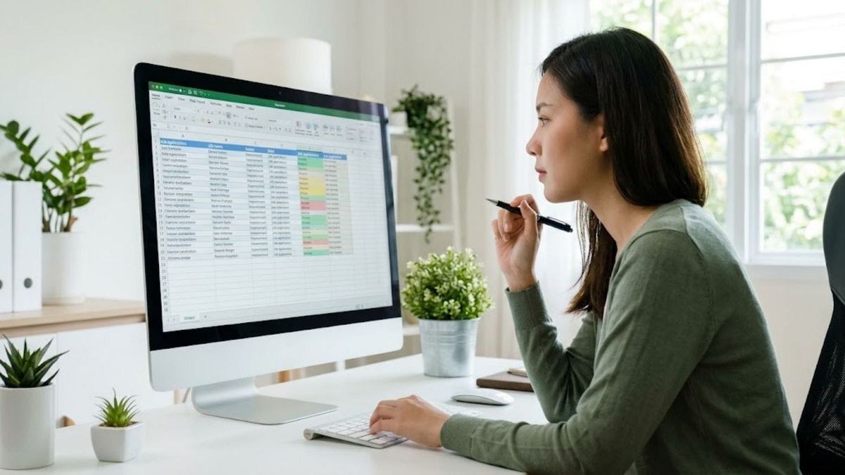 A professional at a organized desk reviewing applications on a large computer screen.