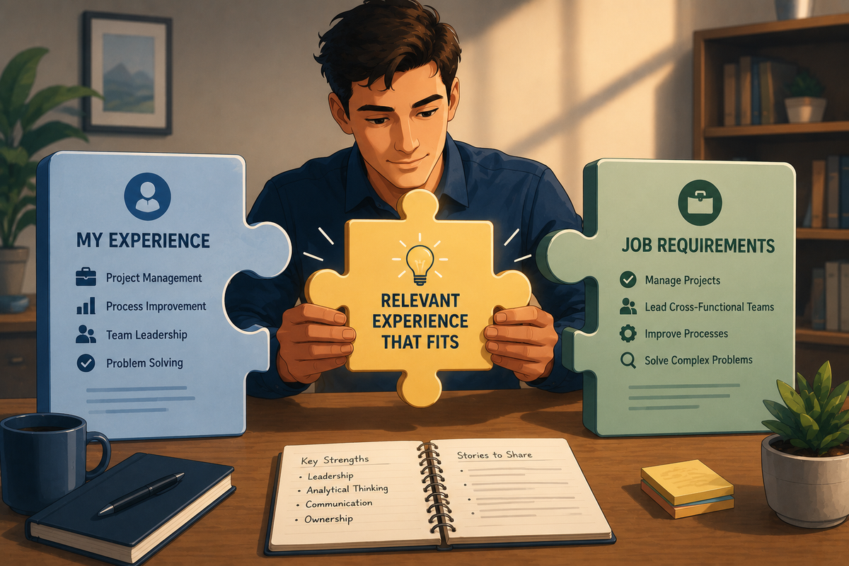 Cartoon illustration of a job candidate connecting a puzzle piece between their experience and a job's requirements, symbolizing role fit during an interview.