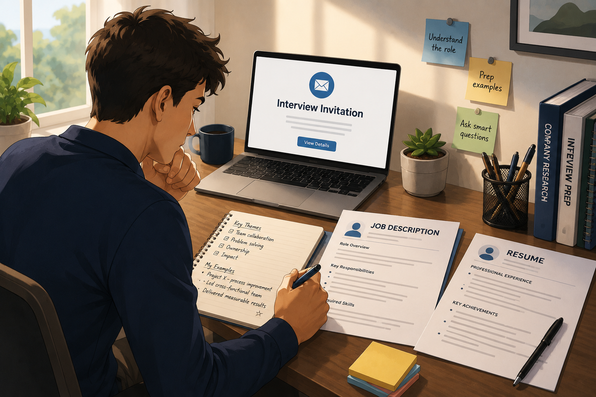 Illustrated job candidate reviewing notes at a desk with a resume, job description, and interview invitation displayed on a laptop while preparing for an upcoming interview.