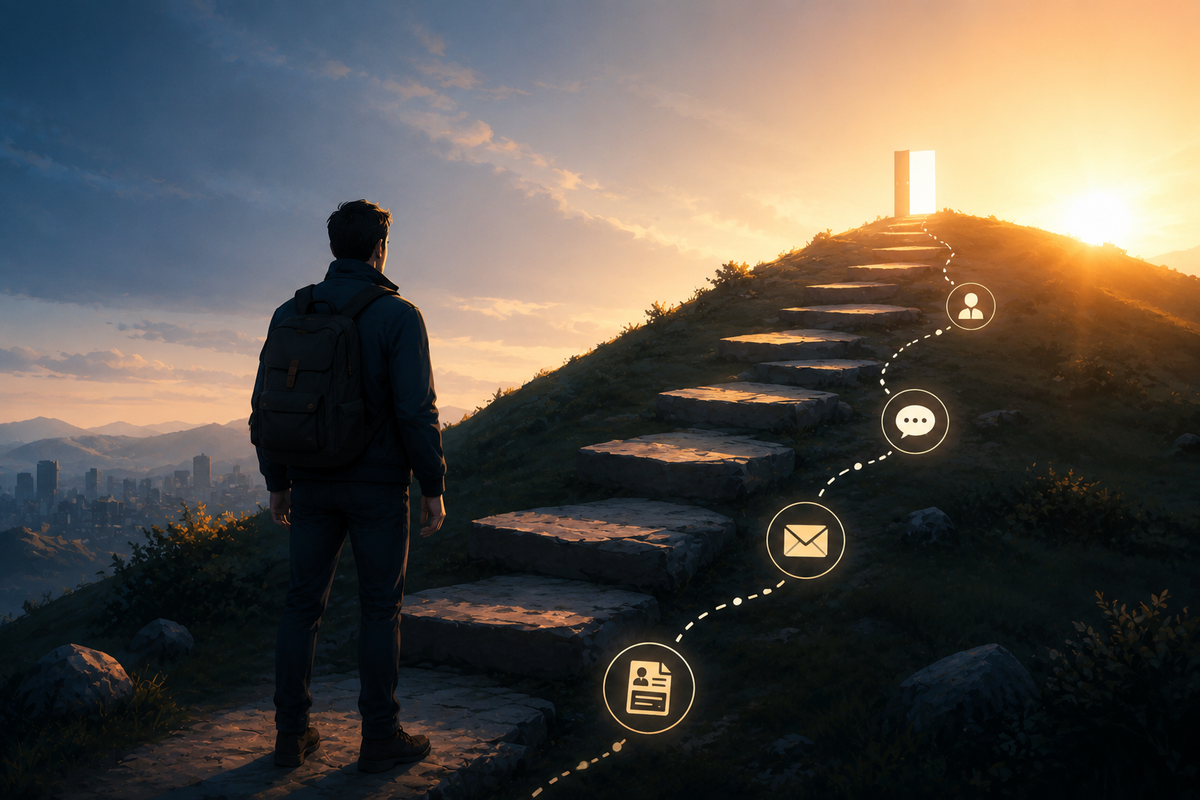 Stylized illustration of a job seeker facing a stone path leading uphill to a glowing doorway, symbolizing growth, learning, and progress throughout a job search.