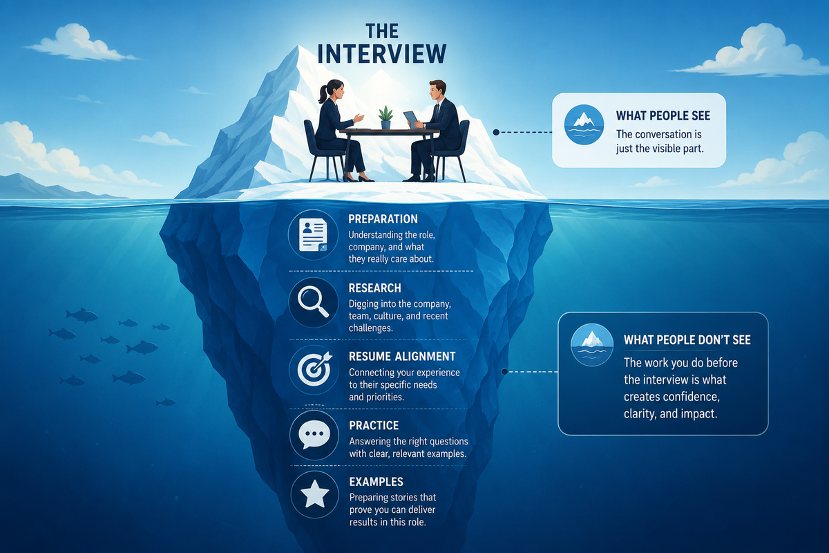 Illustrated iceberg showing a job interview above the waterline and preparation activities below the surface, including research, resume alignment, practice, and role-specific examples.