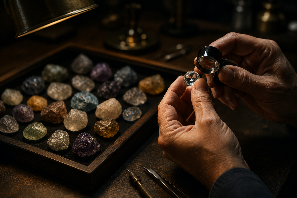 Jeweler examining a single polished gemstone with a magnifying loupe while rough stones rest nearby, symbolizing carefully choosing the best opportunities over pursuing every option.