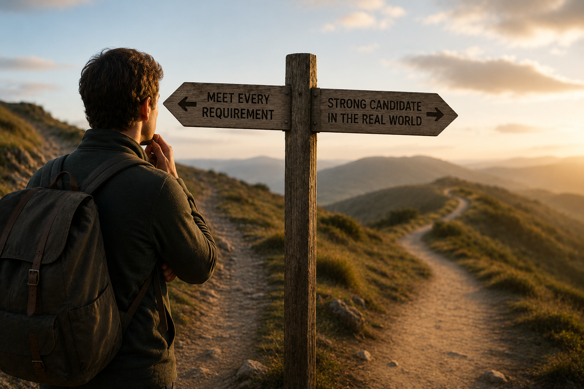 Hiker standing at a fork in a mountain trail at sunrise, considering two paths, symbolizing the decision whether to apply for a job without meeting every listed requirement.