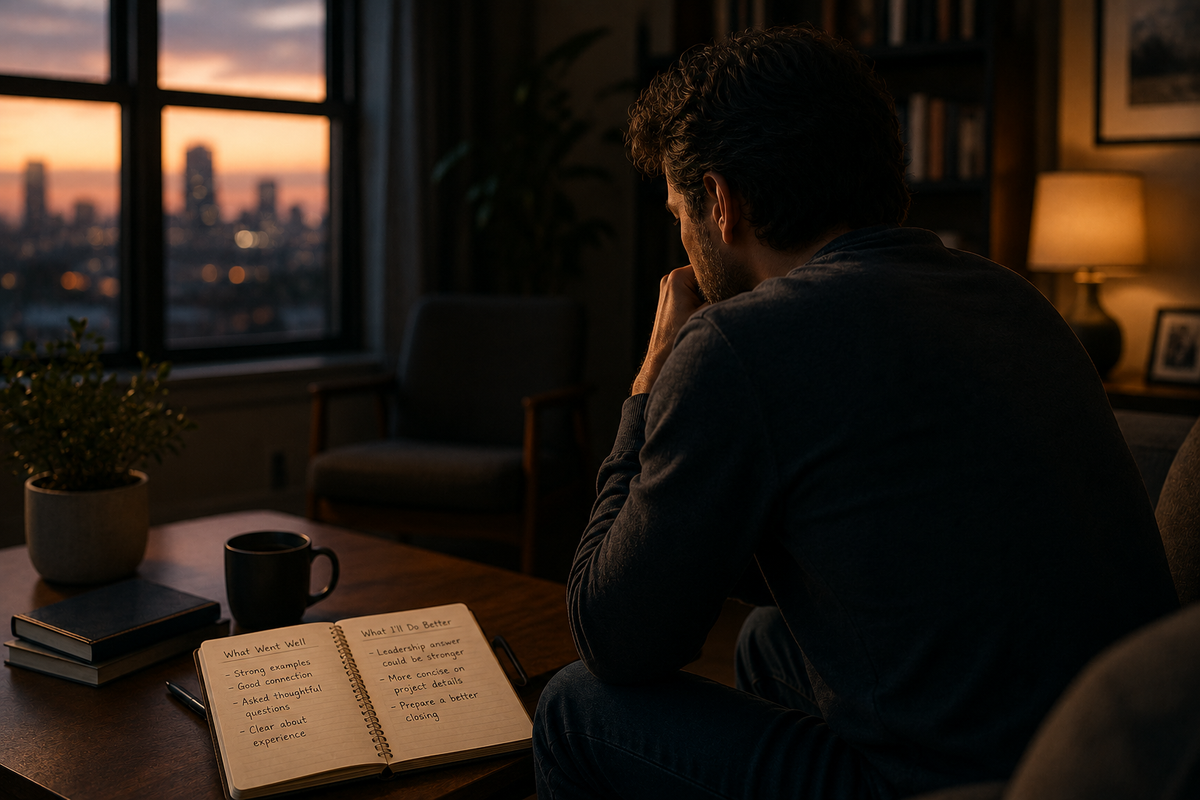 Person sitting thoughtfully after an interview, reviewing notes in a notebook at sunset, symbolizing reflection, self-evaluation, and continuous improvement through interview practice.