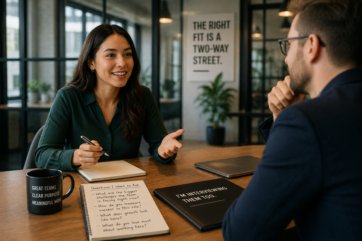 Two professionals engaged in a thoughtful interview conversation across a table, highlighting that successful interviews are a two-way discussion, not a one-sided evaluation.