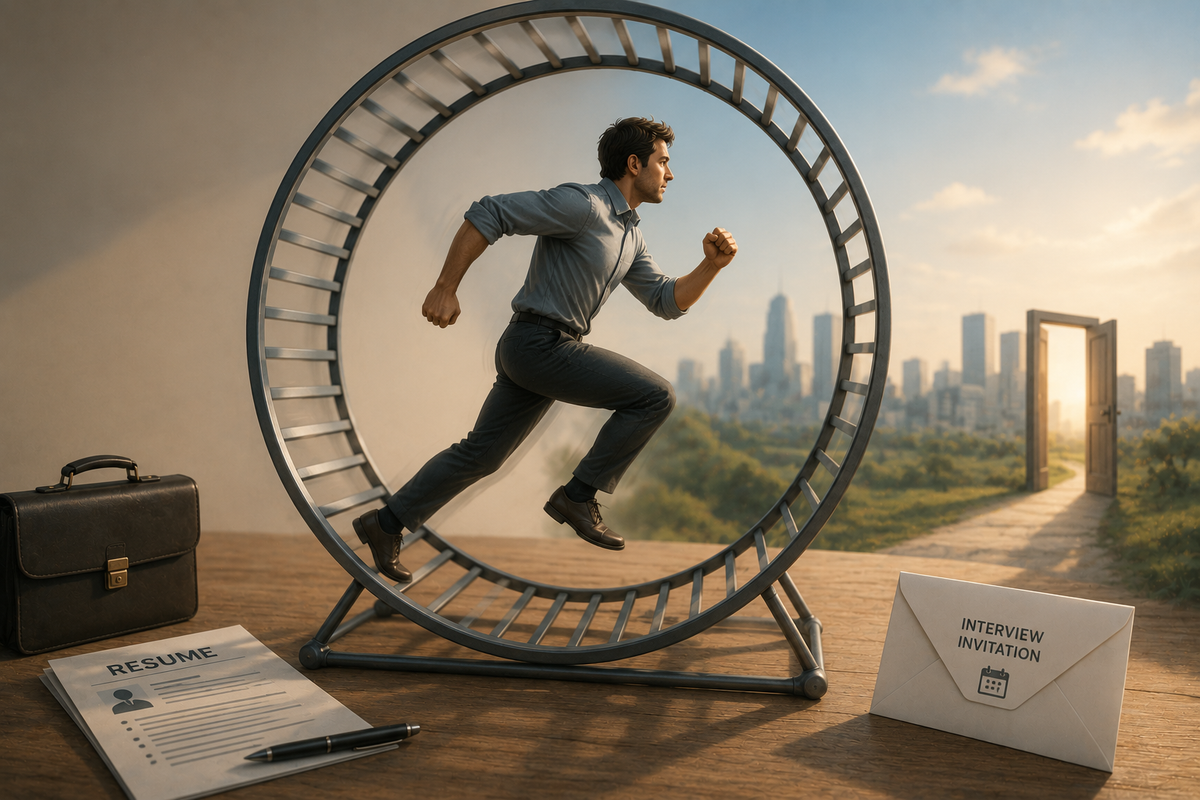 Stylized illustration of a job seeker running inside a hamster wheel while a resume and interview invitation sit nearby, symbolizing effort without meaningful progress in a job search.