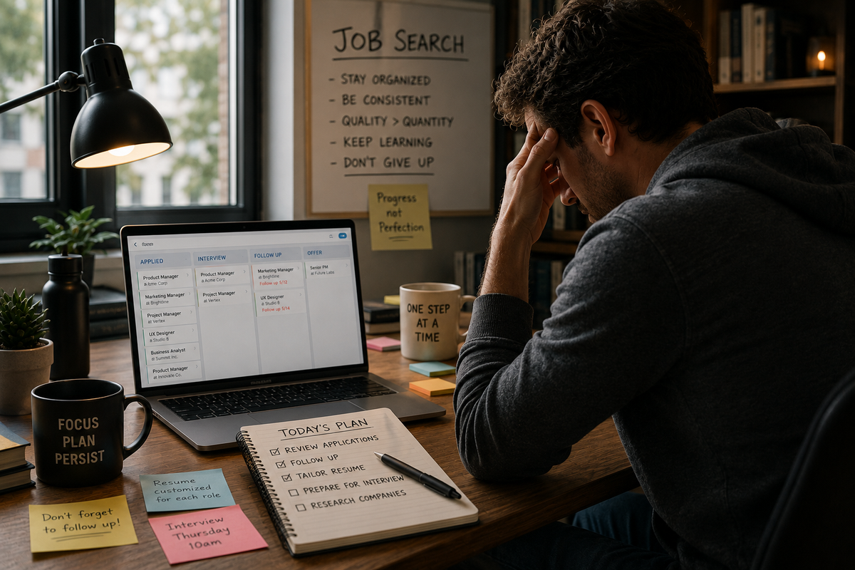 Job seeker sitting at a desk with notes and a laptop, feeling mentally overwhelmed, illustrating decision fatigue during a long job search and the value of staying organized.