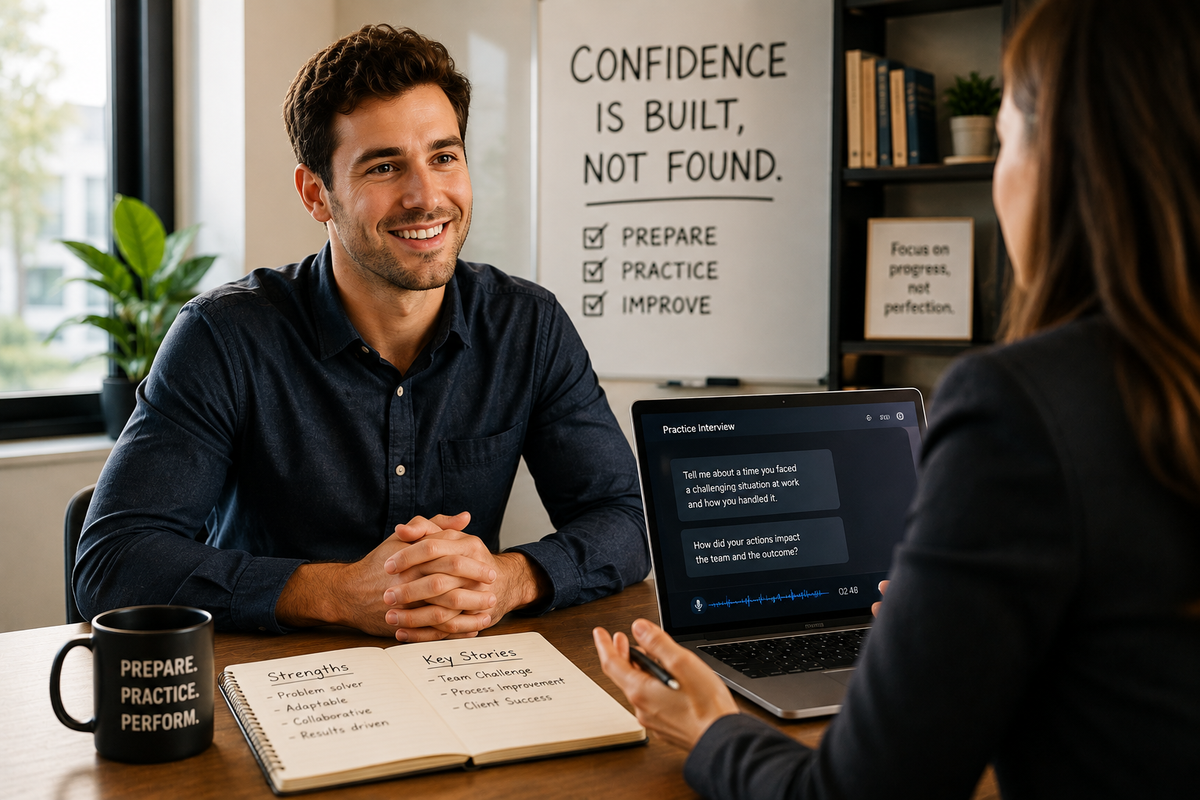 Job candidate confidently engaged in a professional interview, illustrating how preparation and practice build confidence through experience rather than relying on natural talent.
