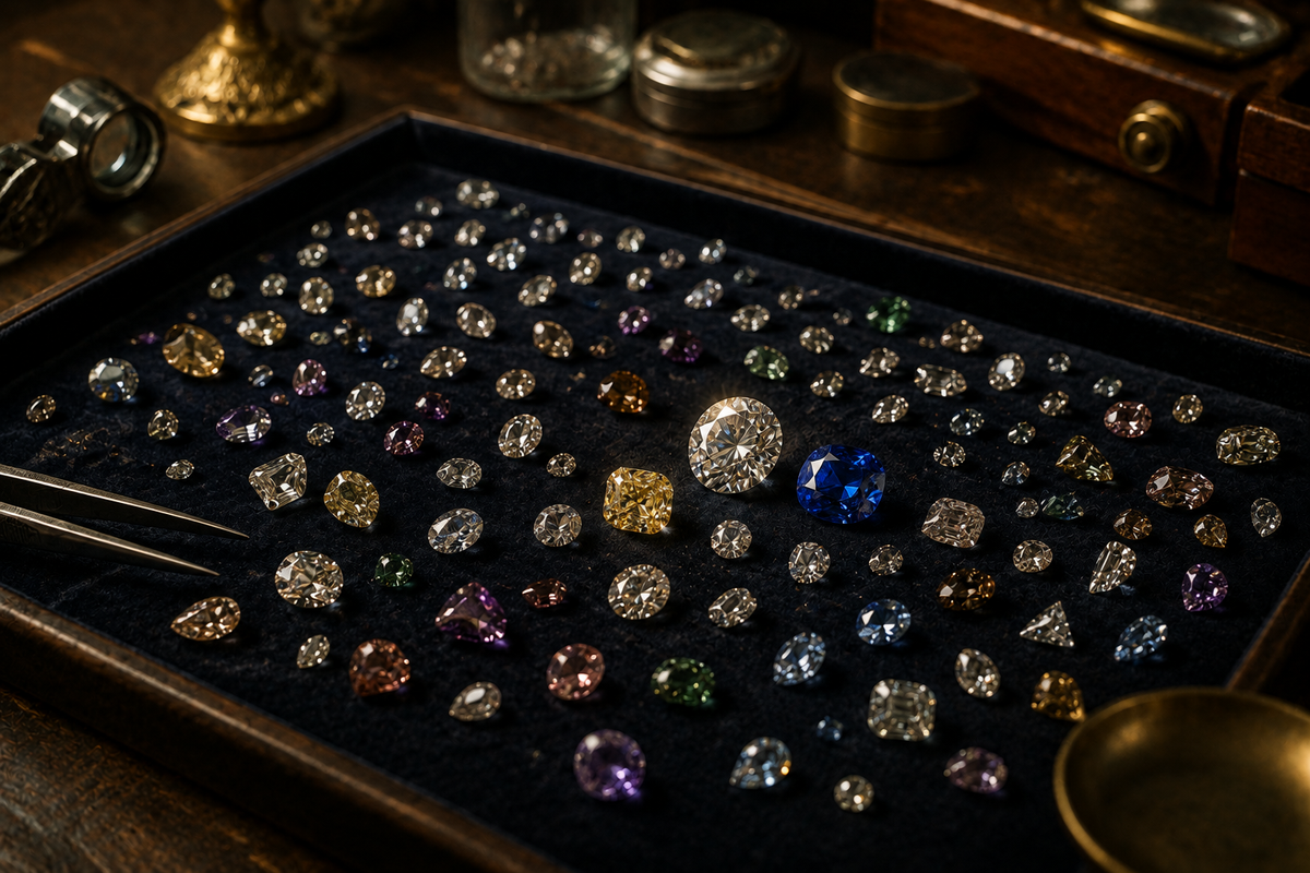 Jeweler's tray filled with loose gemstones, with a few exceptional stones standing out, symbolizing the value of choosing quality opportunities over simply pursuing more.