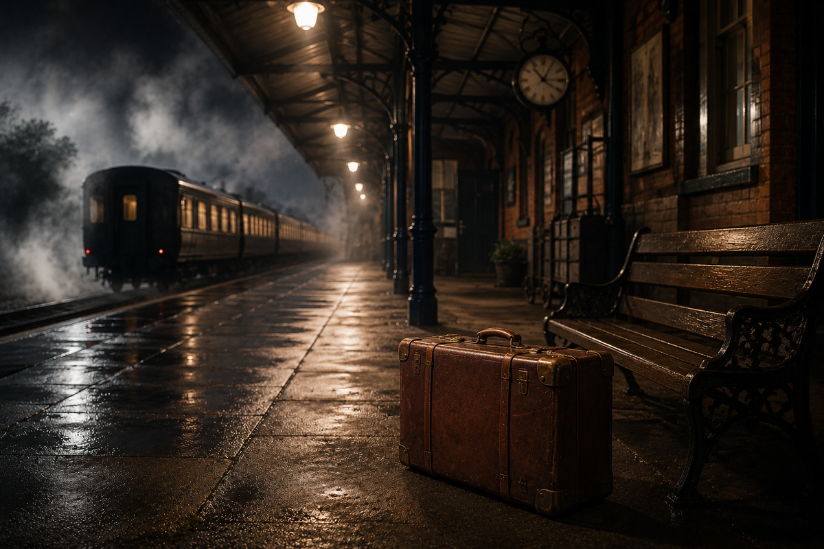 Vintage leather suitcase left on an empty railway platform as a train disappears into the distance, symbolizing a promising opportunity abandoned before its journey was finished.