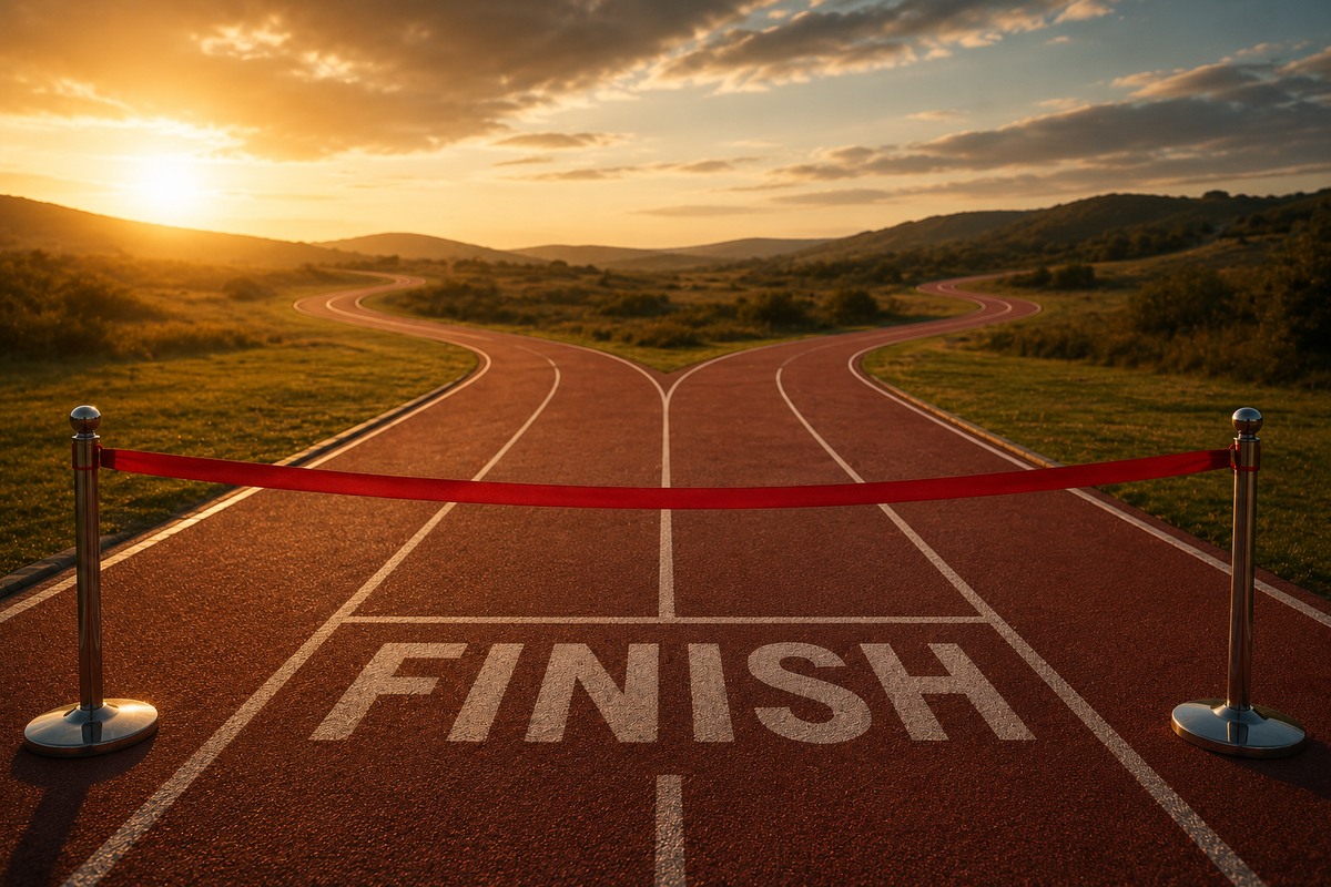 Running track reaches a finish line before splitting into two roads, symbolizing how receiving a job offer is an achievement but still leaves an important choice ahead.