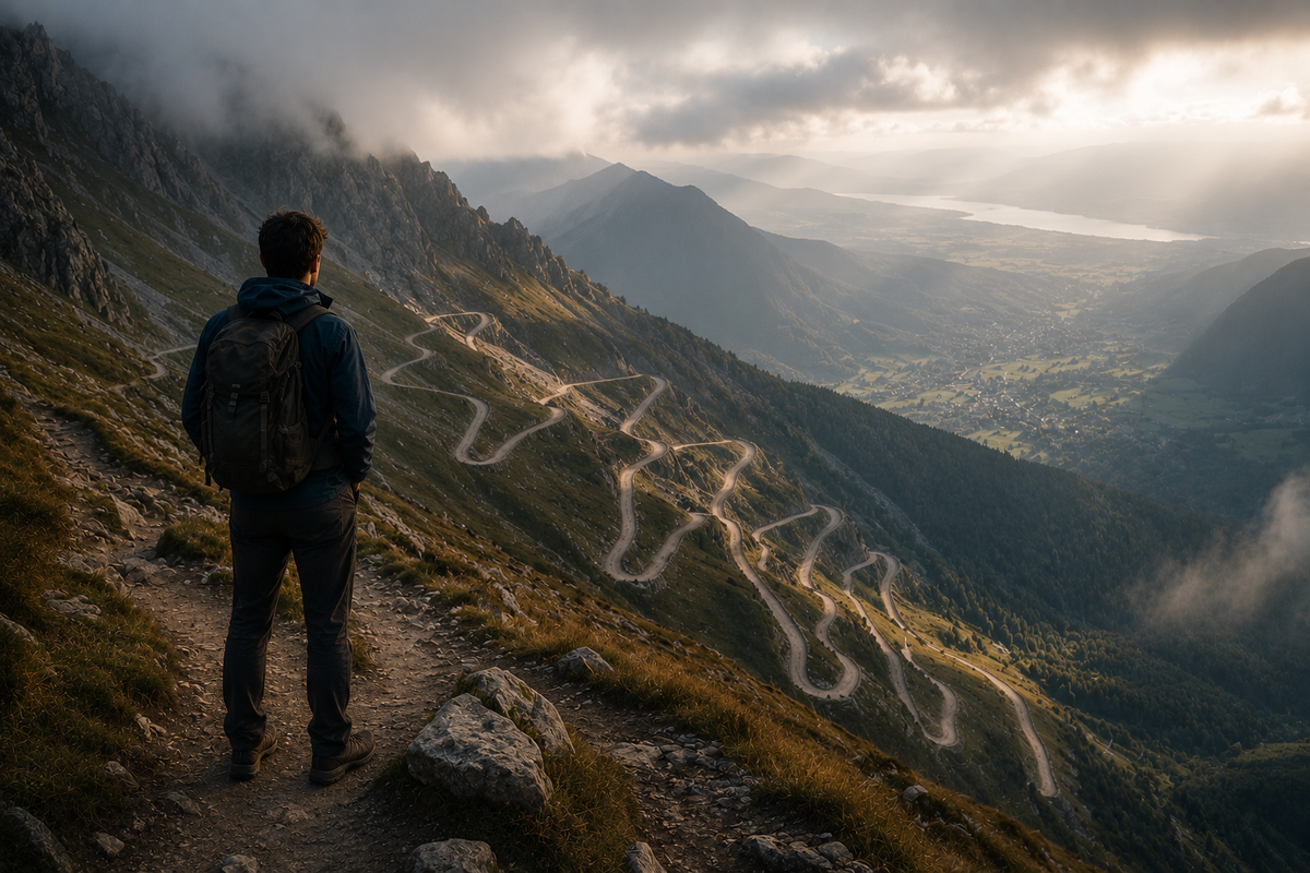 Lone hiker overlooking winding mountain switchbacks from high above, symbolizing that meaningful progress often isn't visible until you step back and see the bigger picture.