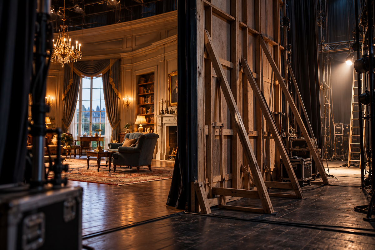 Elegant theater set viewed from backstage, revealing wooden supports and lighting behind the finished room, symbolizing the difference between a job description and the actual job.