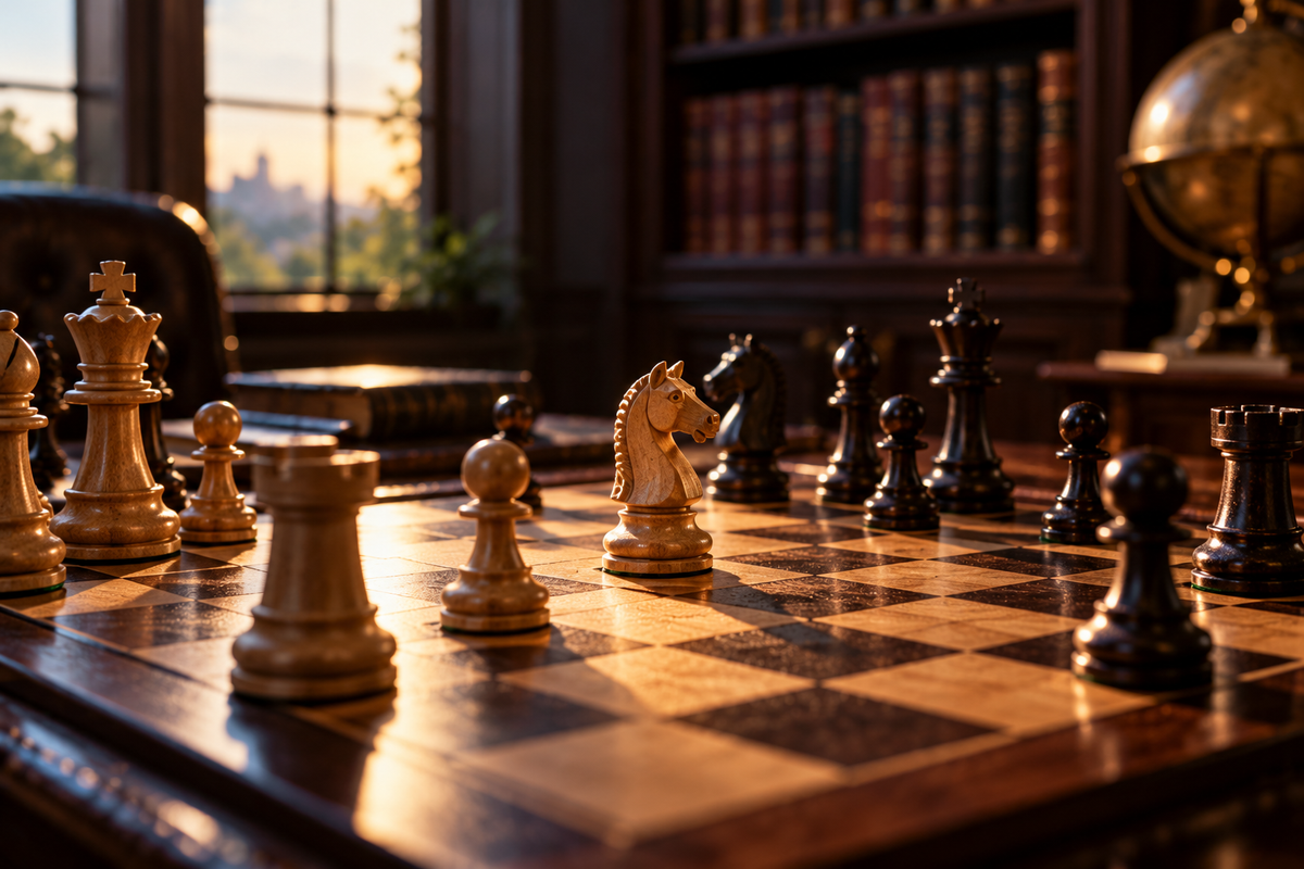 Wooden chessboard with a knight prominently positioned among opposing pieces, symbolizing how good judgment and strategic thinking matter as much as knowledge in a job interview.