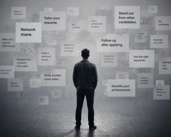 Person standing surrounded by floating job search advice, representing information overload and difficulty taking action