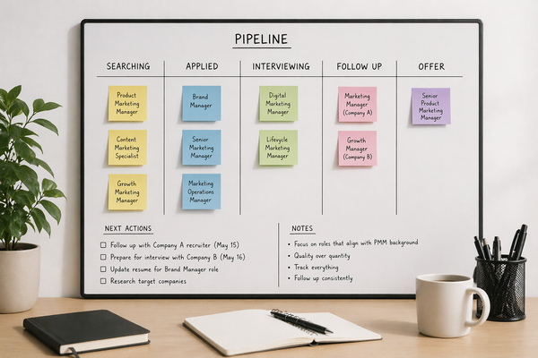 Organized job application pipeline on a whiteboard with stages like searching, applied, interviewing, follow-up, and offer