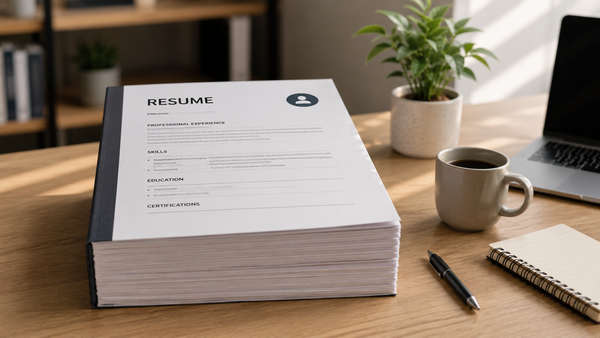 Thick resume document styled like a large book on a desk, representing overly long or unfocused job applications