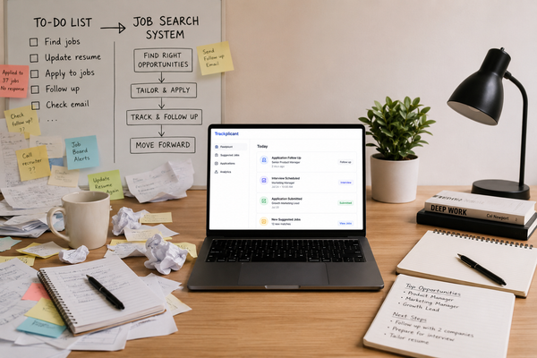 Split workspace showing a messy job search to-do list on one side and an organized job search system with a laptop dashboard on the other