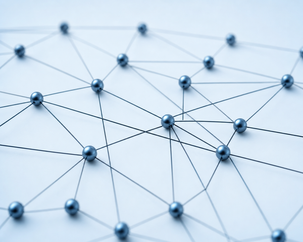 Abstract network of connected nodes and lines representing a structured job search system and interconnected workflow