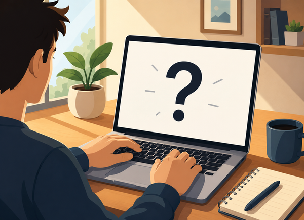 Illustration of a person working on a laptop with a large question mark on the screen, representing uncertainty after submitting a job application