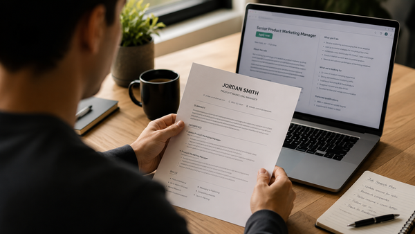 Over-the-shoulder view of a person reviewing a resume while comparing it to a job description on a laptop