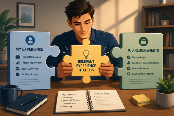 Cartoon illustration of a job candidate connecting a puzzle piece between their experience and a job's requirements, symbolizing role fit during an interview.