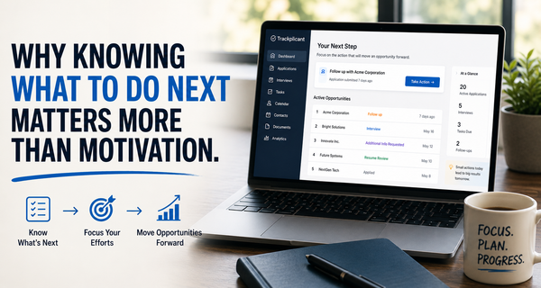 Laptop displaying a job search dashboard beside a notebook and coffee mug, with the headline "Why Knowing What To Do Next Matters More Than Motivation."