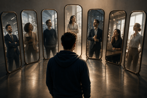 Job seeker standing before several mirrors, each reflecting a different successful professional, symbolizing the trap of comparing your career journey to others.