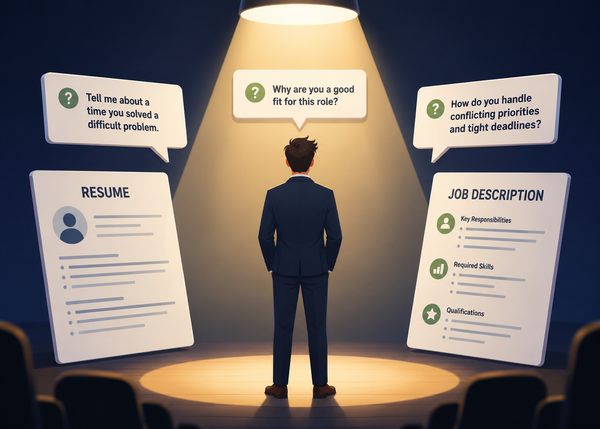 Illustration of a job candidate standing under a spotlight surrounded by interview questions, a resume, and a job description, representing role-specific interview preparation.